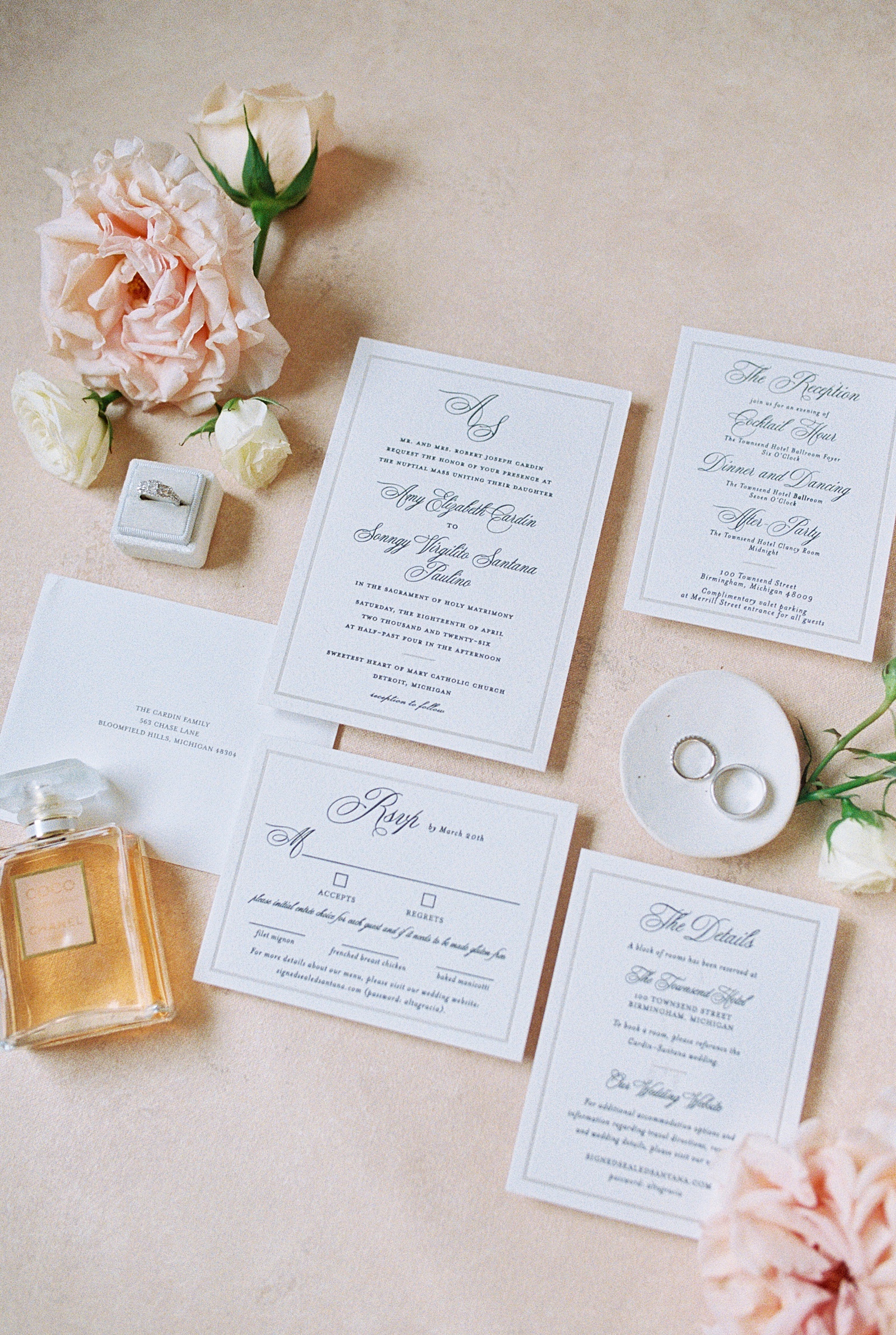 minted wedding invitation suite shot on 35mm film at a detroit catholic wedding
